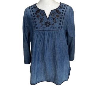 Cato Boho Peasant Blouse Beaded & Embroidered Blouse Dark Wash Roll Tab M